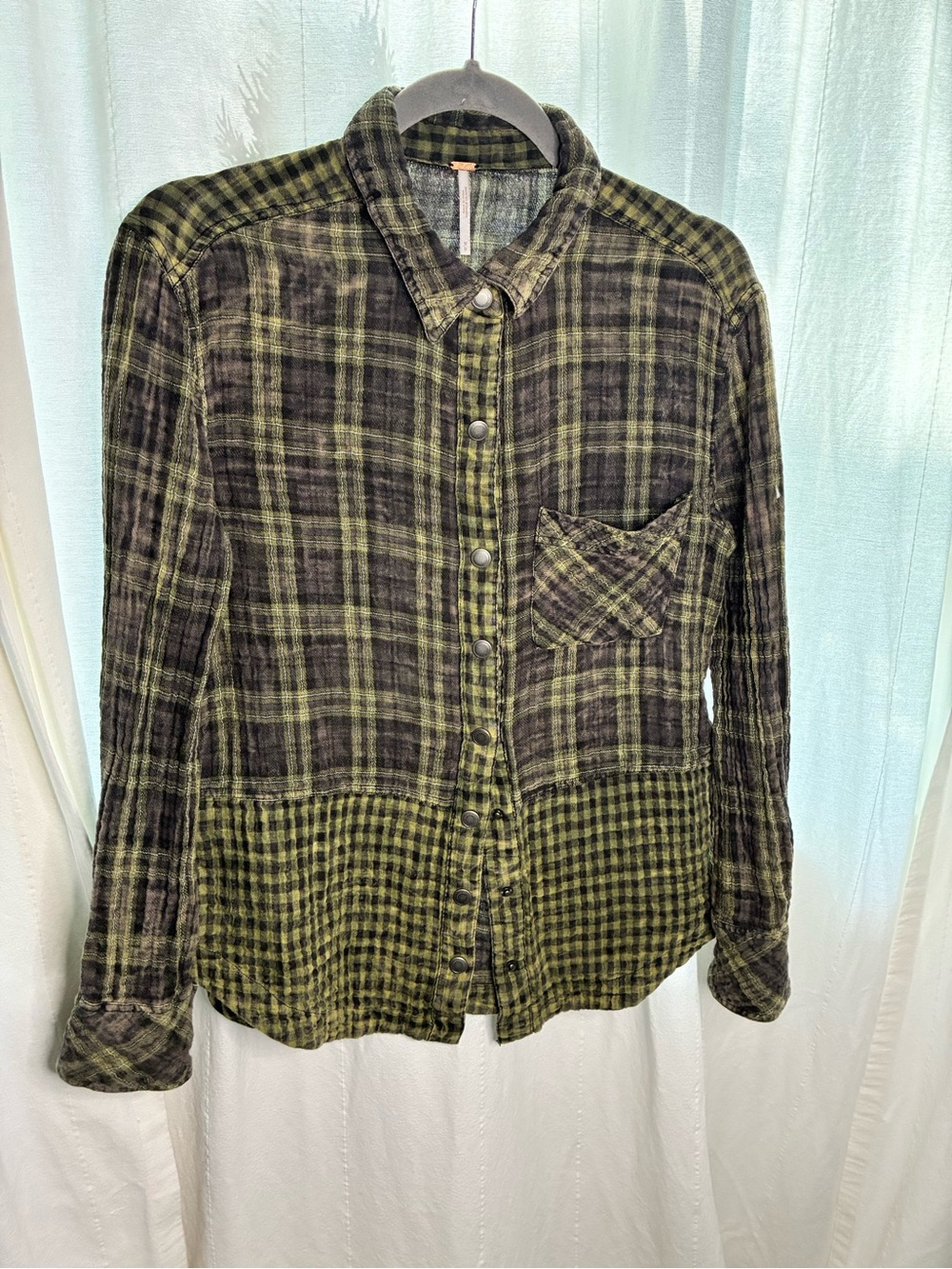 Free People Gauze Cotton Plaid Shirt Dark Academia, Boho (09G0719)